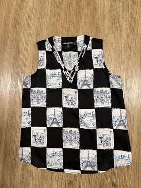 Karl Lagerfeld Black, White & Blue Checkerboard V-Neck Sleeveless Top S